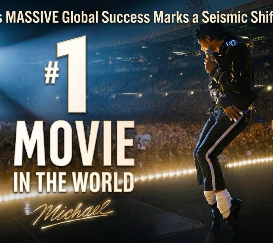 Seismic Shift in Culture: Jaafar Jackson, portraying Michael Jackson in the film MICHAEL, stands on a stadium stage in a black outfit with white socks and black shoes, illuminated by bright lights as a massive crowd cheers and holds signs. The promotional-style image emphasizes the film’s global success and cultural impact.