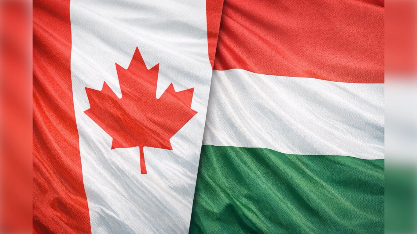 Democratic Earthquake: The Anti-Authoritarian Surge. Canadian and Hungarian national flags positioned side by side, both appearing to wave naturally with detailed fabric texture and soft directional lighting.