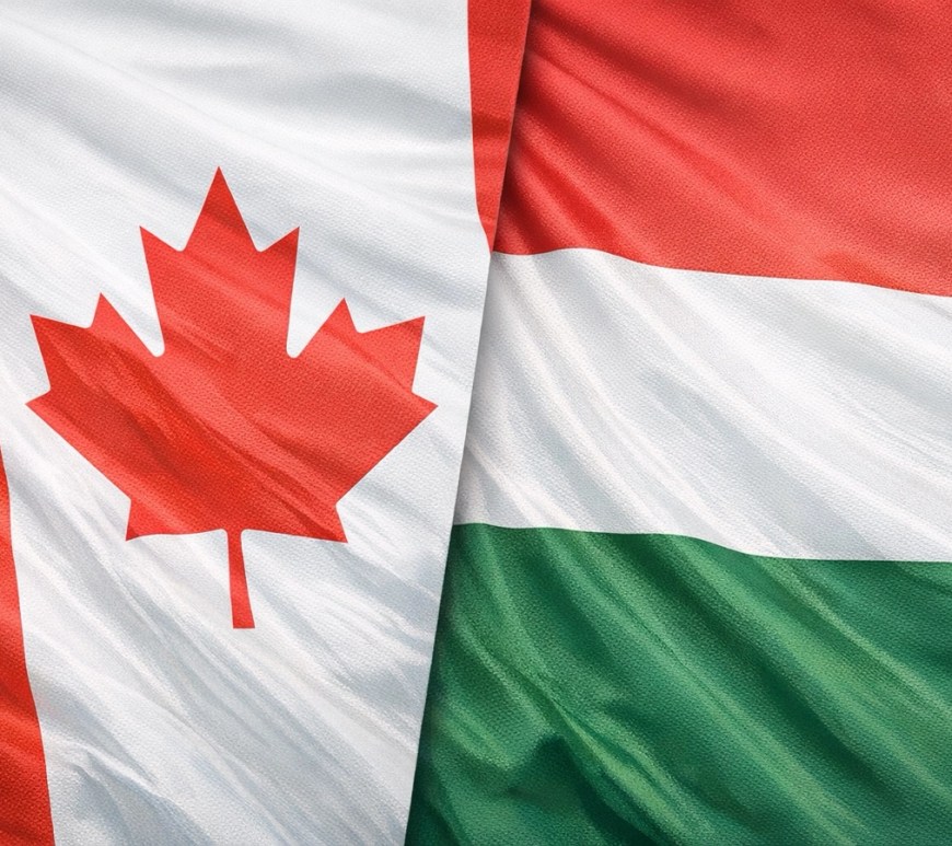 Democratic Earthquake: The Anti-Authoritarian Surge. Canadian and Hungarian national flags positioned side by side, both appearing to wave naturally with detailed fabric texture and soft directional lighting.