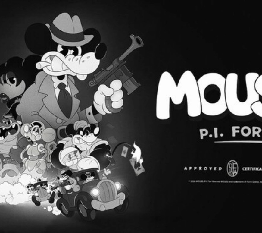 A black‑and‑white, noir‑style illustrated poster featuring a cartoon mouse dressed as a trench‑coat detective, holding a tommy gun. Surrounding the mouse are other vintage‑style cartoon animals, including a crocodile and smaller mice, some driving a car and others wielding weapons. Smoke and dramatic shadows create a crime‑drama atmosphere. Bold text reads “MOUSE P.I. FOR HIRE” with an “Approved Certificate No. 3490” stamp beneath it.