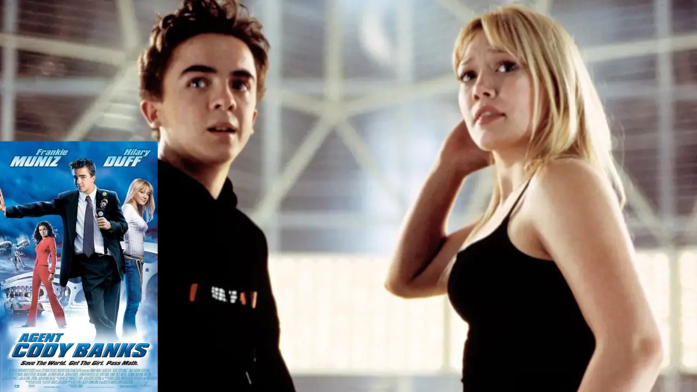 A promotional movie still of Agent Cody Banks and Natalie Connors (Hilary Duff), showcasing the contrast between Y2K tech-wear and 2000s pop-fashion.