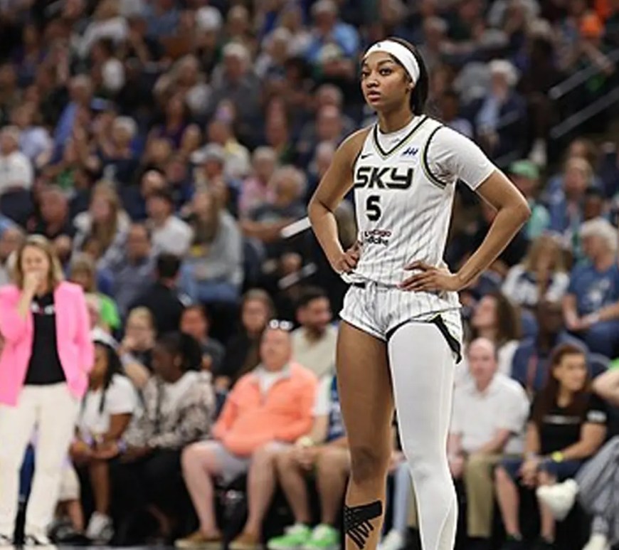 Angel Reese of the Chicago Sky after securing an offensive rebound during her record-breaking 2024 WNBA rookie campaign.