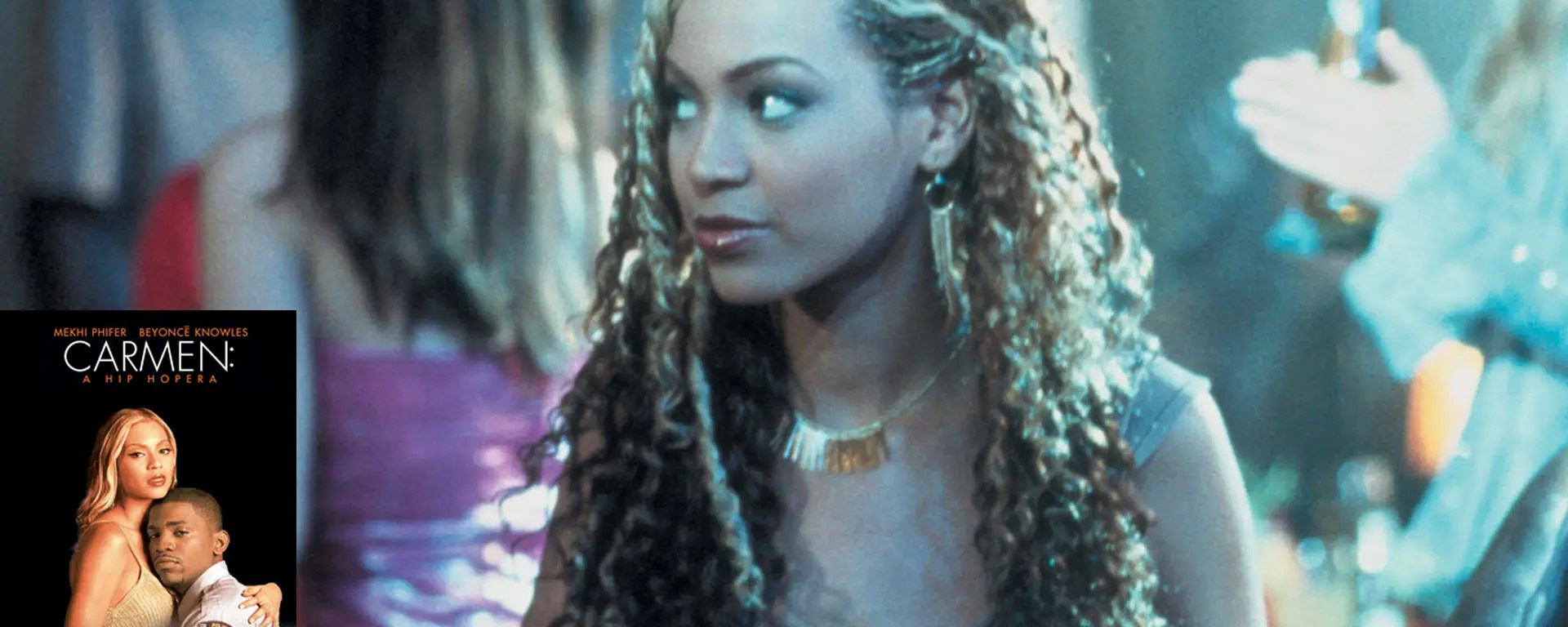 A movie still of Beyoncé from the 2001 movie "Carmen: A Hip Hopera," alongside the DVD cover.
