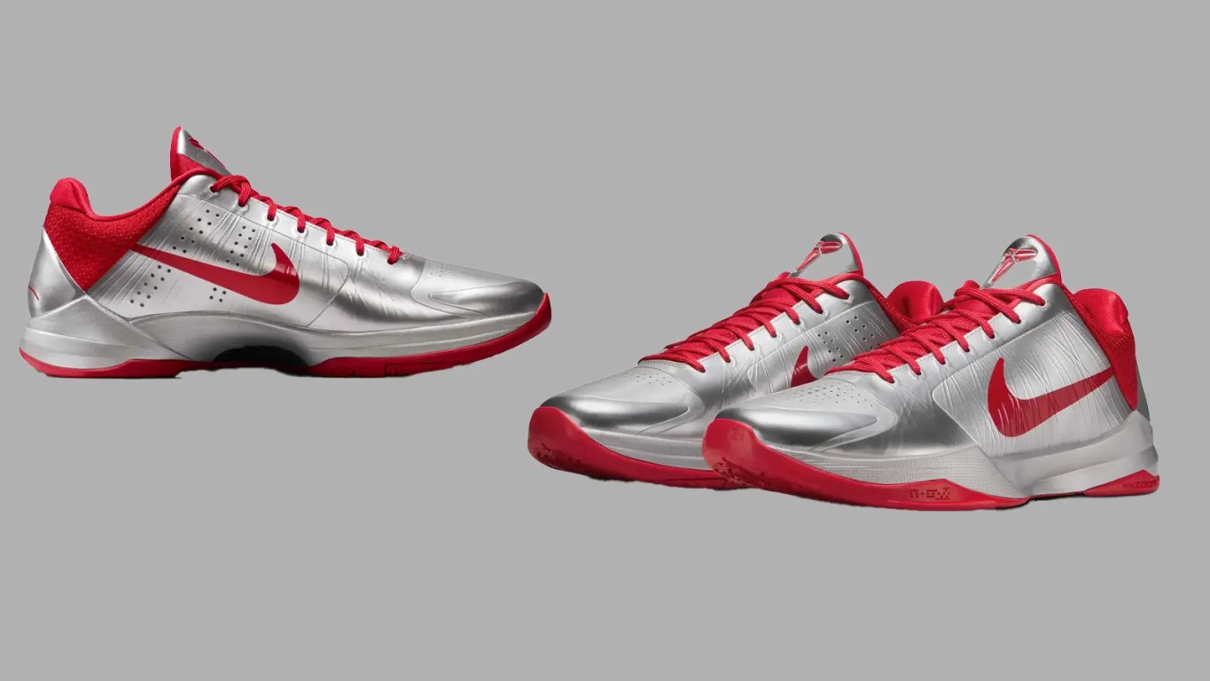 Official studio shot of the Nike Kobe 5 Protro 'Rookie of the Year' featuring a high-gloss Metallic Silver upper and bold University Red accents on the Swoosh, laces, and outsole. The low-top silhouette highlights the sleek 2026 performance hardware.