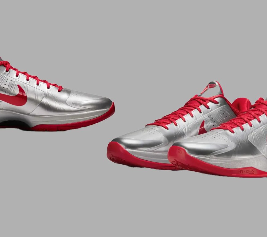 Official studio shot of the Nike Kobe 5 Protro 'Rookie of the Year' featuring a high-gloss Metallic Silver upper and bold University Red accents on the Swoosh, laces, and outsole. The low-top silhouette highlights the sleek 2026 performance hardware.