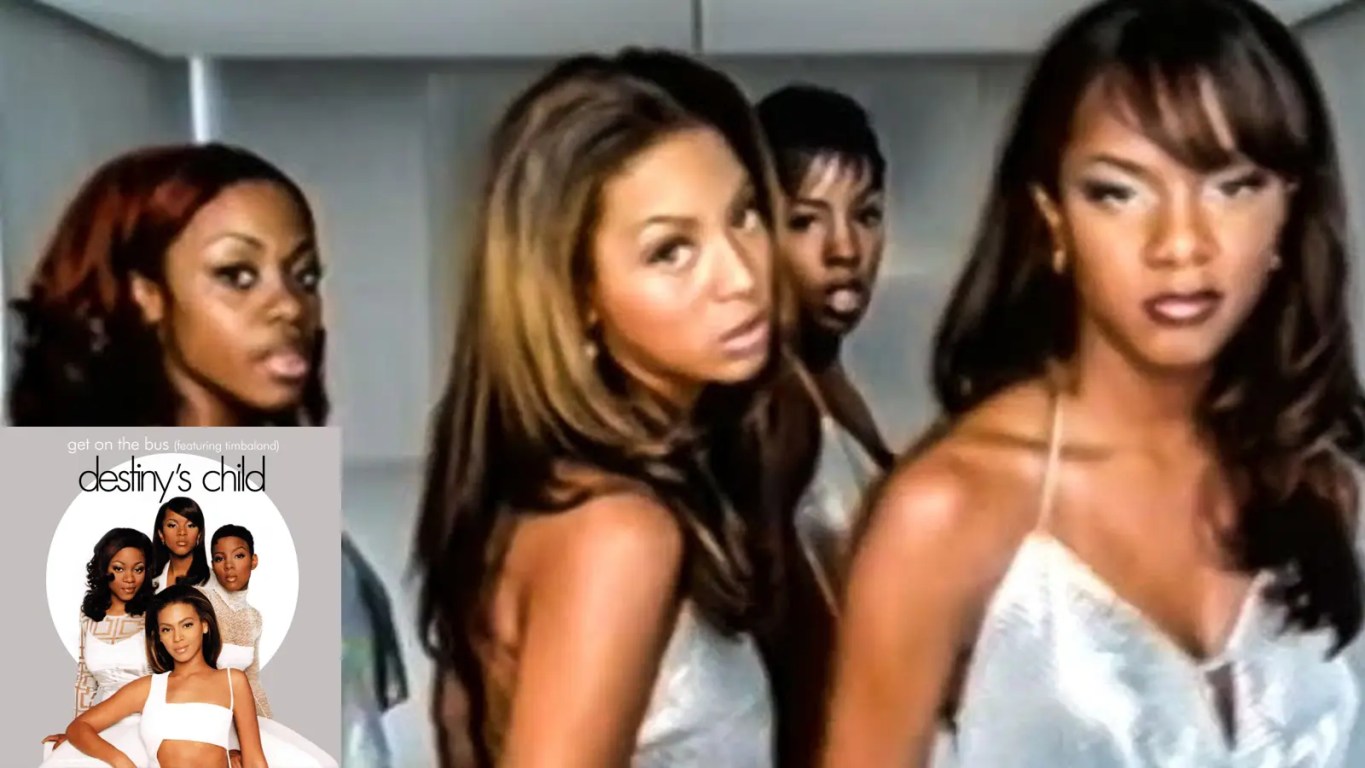 Destiny's Child performing in a silver-white room next to a white Lincoln Navigator in the 1998 'Get on the Bus' music video.