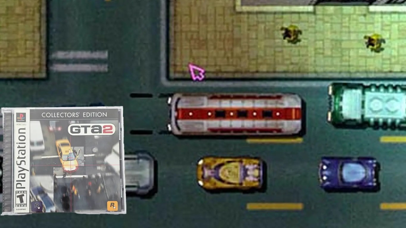 A top-down screenshot of GTA II featuring a Z-type car speeding through the city, alongside the game cover.