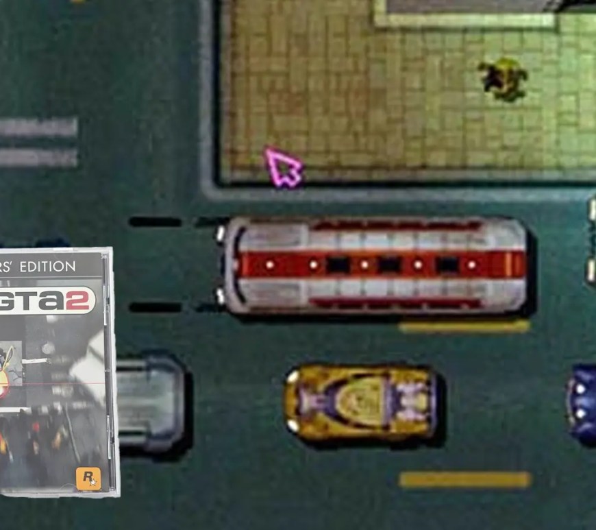 A top-down screenshot of GTA II featuring a Z-type car speeding through the city, alongside the game cover.
