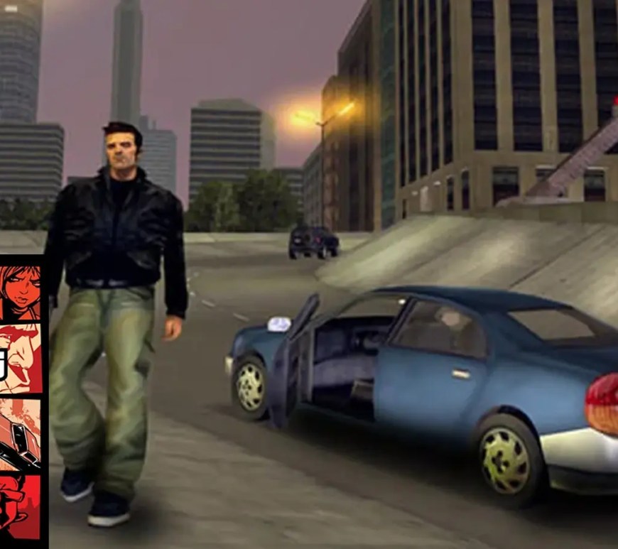 The iconic collage-style box art for Grand Theft Auto III featuring Claude, a Banshee, and various Liberty City characters, alongside a game shot of Claude.