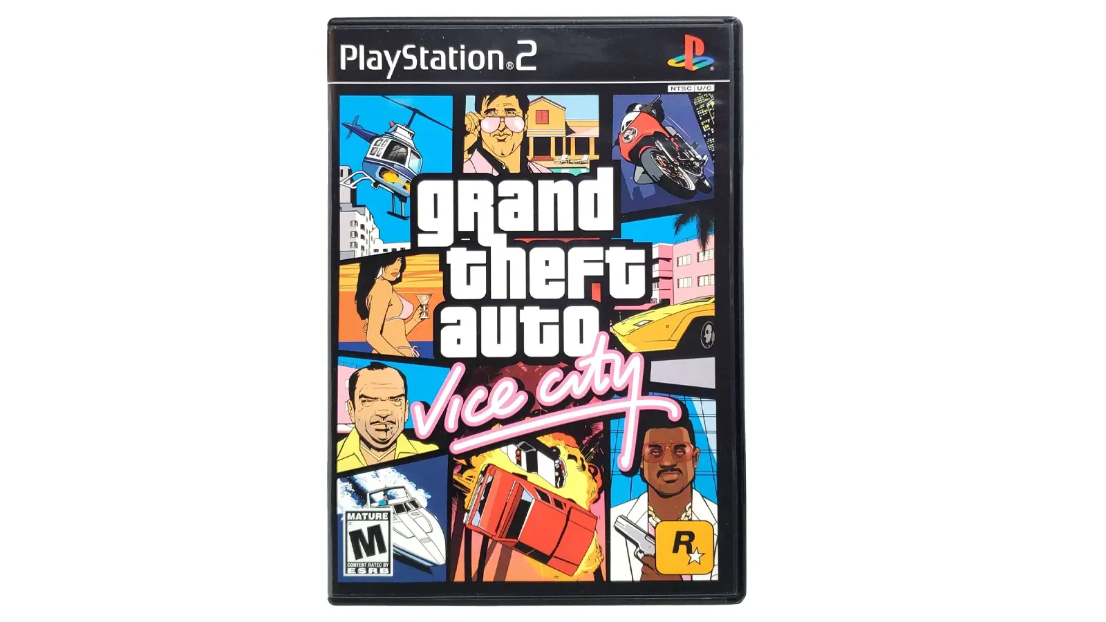 The iconic mosaic cover art for Grand Theft Auto: Vice City featuring Tommy Vercetti and the pink neon logo