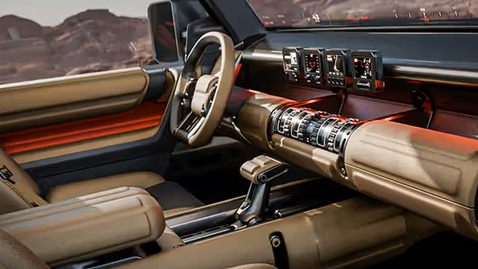 The interior of the Hyundai Boulder Concept focusing on the driver's cockpit. The dashboard features four discrete square digital displays, chunky physical knobs and buttons for tactile off-road control, and heavy-duty grab bars. A fold-out tray table is visible on the passenger side, emphasizing the "mobile basecamp" utility of the cabin.