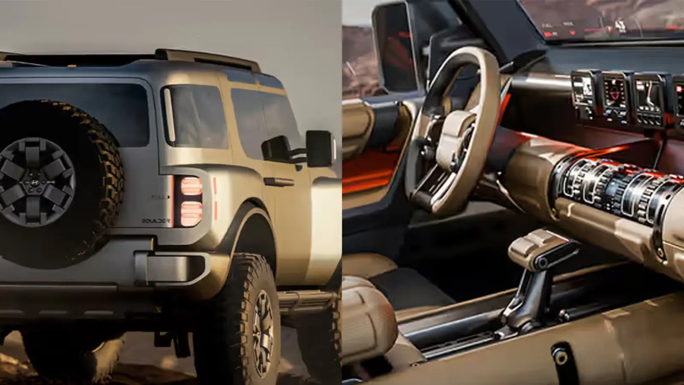 The interior and exterior of the Hyundai Boulder Concept focusing on the driver's cockpit. The dashboard features four discrete square digital displays, chunky physical knobs and buttons for tactile off-road control, and heavy-duty grab bars. A fold-out tray table is visible on the passenger side, emphasizing the "mobile basecamp" utility of the cabin.