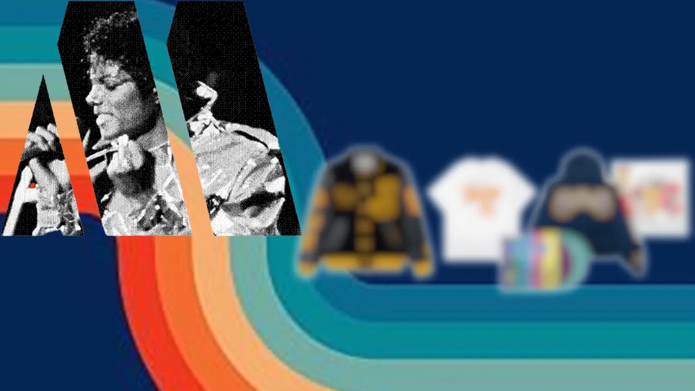 Official announcement graphic for the Jackson 5 'Soul-Retro' capsule by Motown, showing a vintage 1970s font overlaying a high-quality knit sweater vest.