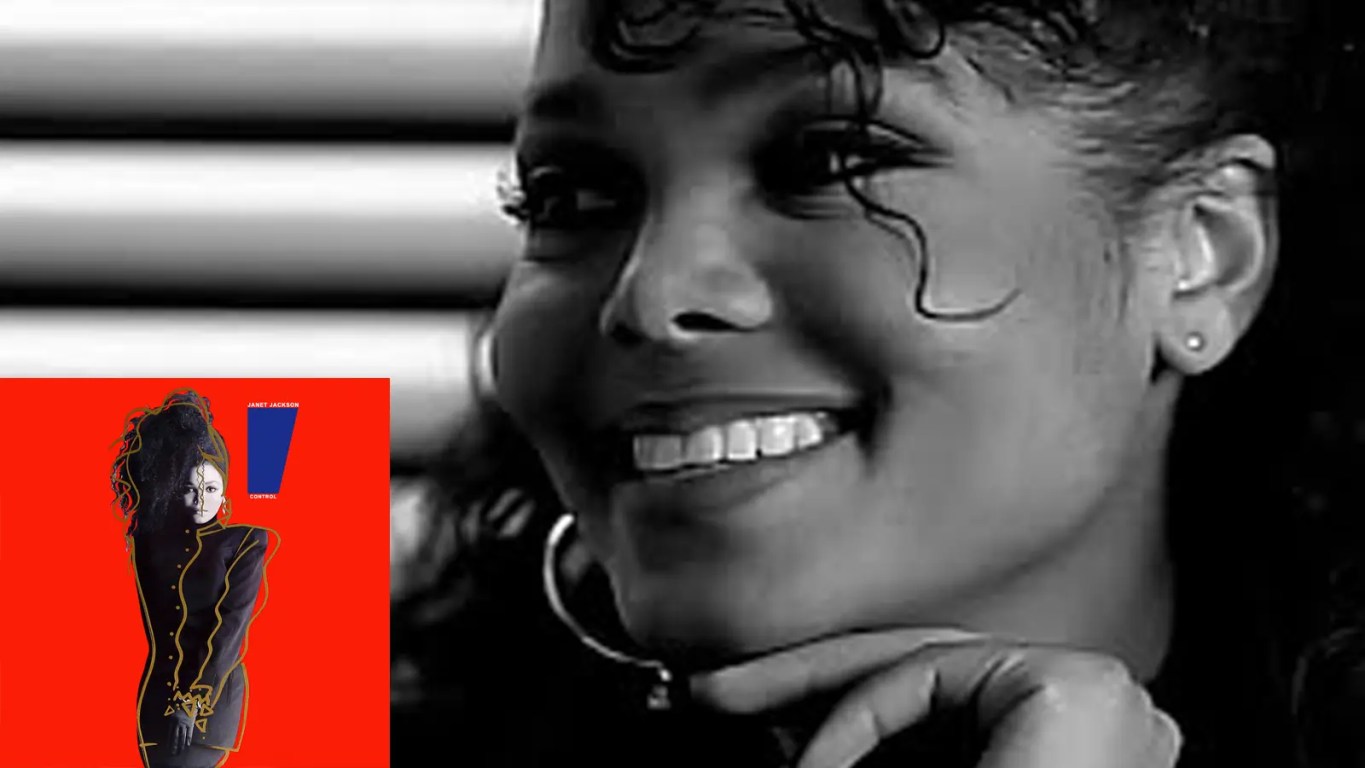 A high-contrast black-and-white still from the 'Let's Wait Awhile' music video featuring Janet Jackson.