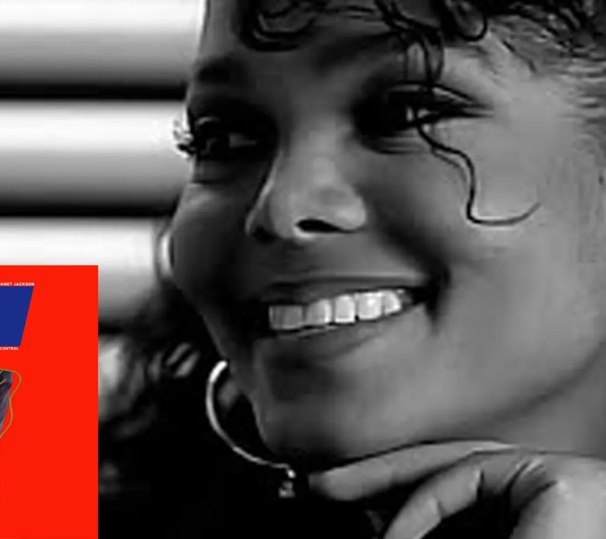 A high-contrast black-and-white still from the 'Let's Wait Awhile' music video featuring Janet Jackson.