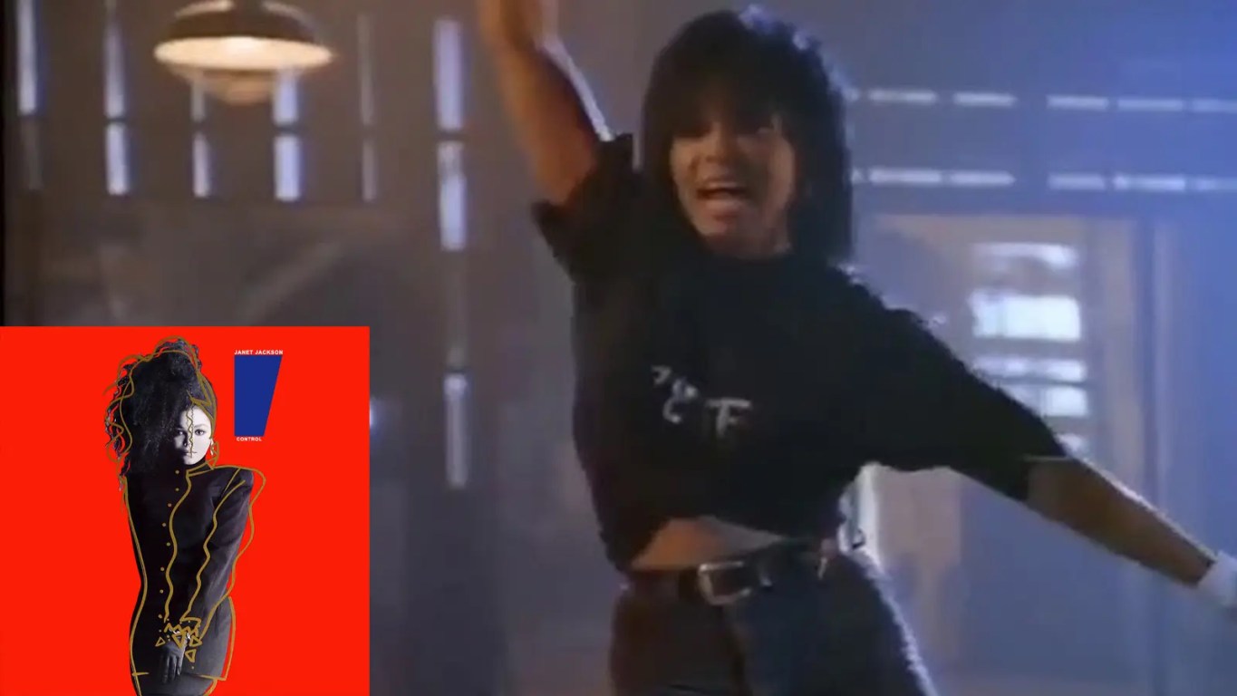 Janet Jackson in her iconic dark-wash Guess jeans and white graphic T-shirt, performing a solo dance in a Minneapolis warehouse for the 1987 Pleasure Principle music video.