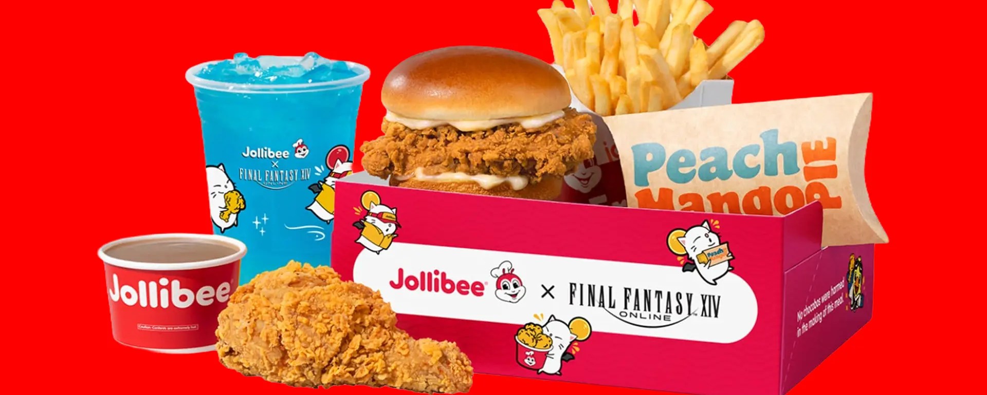 A look at the Final Fantasy x Jollibee collaboration alongside a red background.