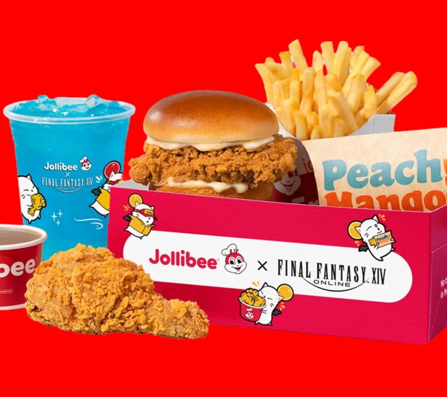 A look at the Final Fantasy x Jollibee collaboration alongside a red background.