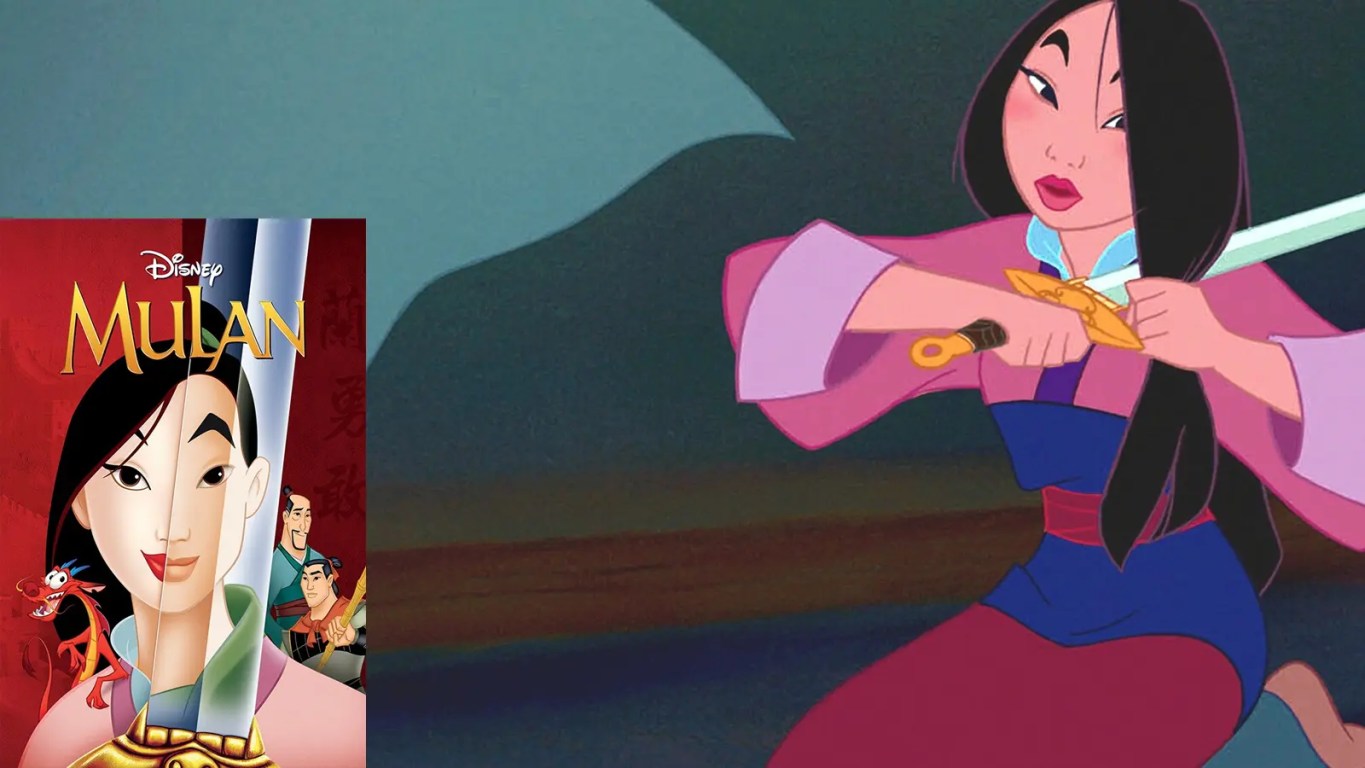 A high-resolution still from Mulan (1998) alongside the DVD cover.
