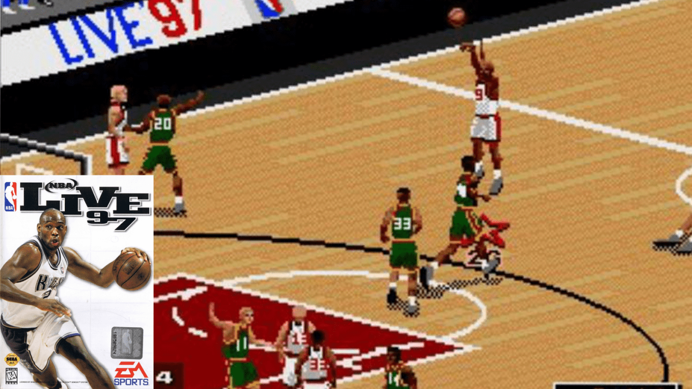 Original cover art of NBA Live 97 for PlayStation featuring Ray Allen, a landmark 32-bit sports game from 1996, alongside a screenshot.