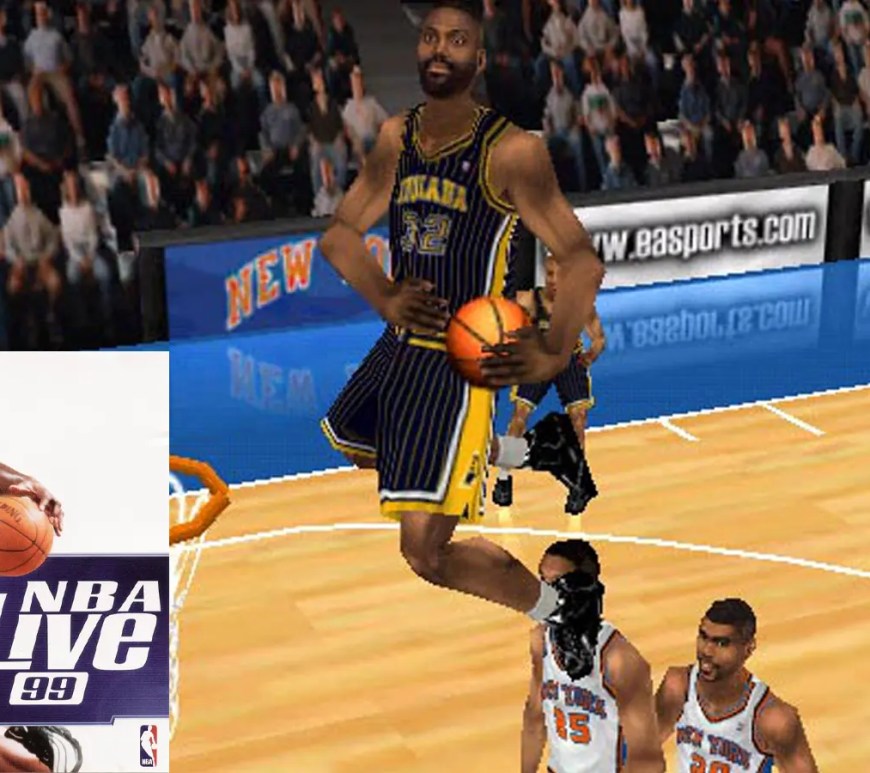 A screenshot of NBA Live 99 on the Nintendo 64, showing the 3D modeled player faces and the 'Virtual Stadium' lighting system.