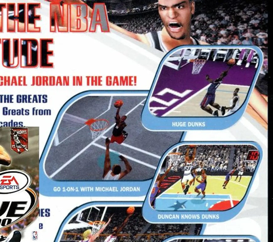 The original NBA Live 2000 box art featuring Tim Duncan of the San Antonio Spurs and the "Jordan is Back" logo.