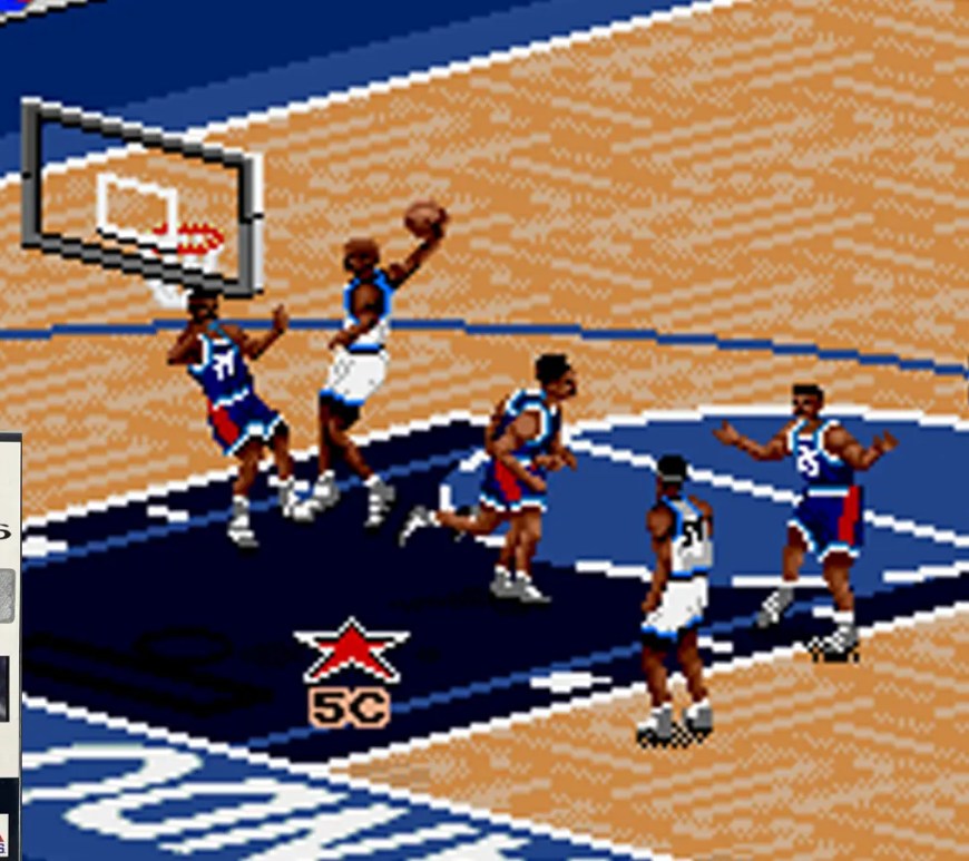The original 1995 PlayStation box art for NBA Live 96 featuring Shaquille O'Neal, highlighting the 'Virtual Stadium' 3D technology, alongside a screenshot.