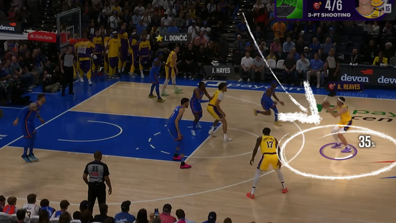 Vertical 9:16 mobile interface of a live NBA broadcast on Peacock, showing a close-up of the ball handler cropped by AI to follow the action. The UI includes real-time player stats at the bottom and a "Courtside Live" toggle menu.
