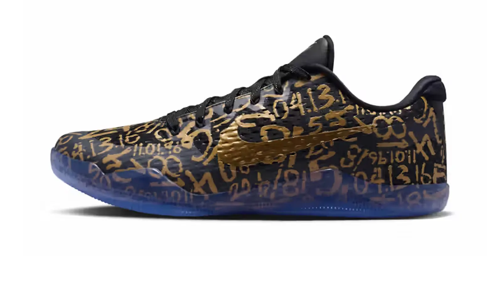 Profile view of the Nike Kobe 11 EM Protro "Mamba Out" sneaker in Black and Metallic Gold, featuring an engineered mesh upper with gold numerical career milestones and a metallic gold Nike Swoosh.