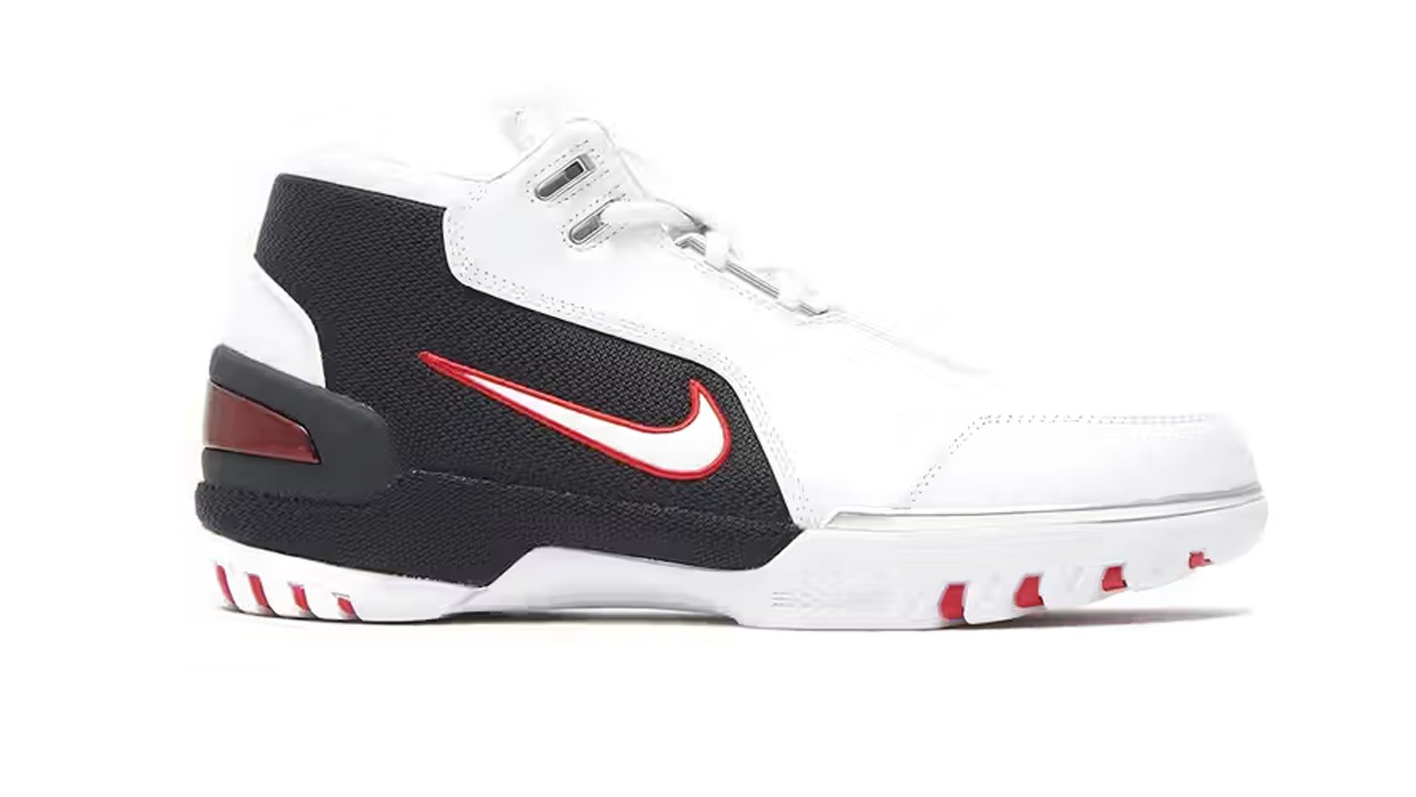 The Nike Air Zoom Generation 'First Game' colorway featuring white leather, red mesh, and the iconic metallic silver heel counter.