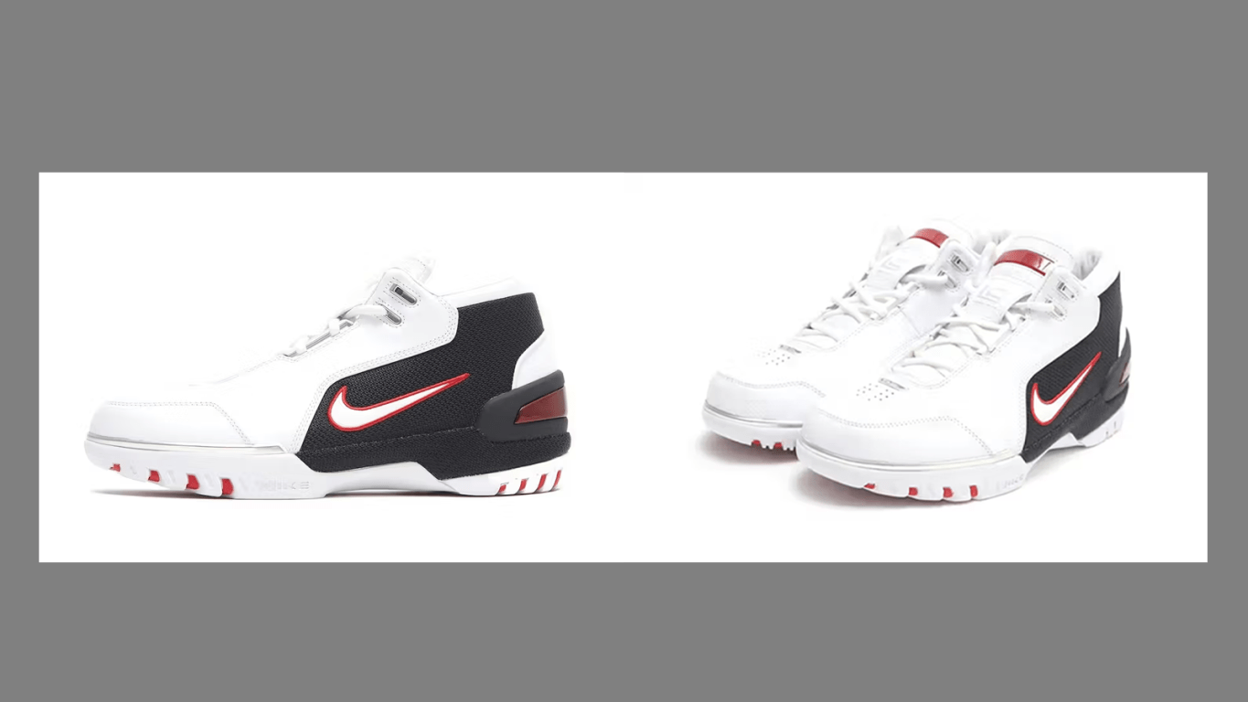 The Nike Air Zoom Generation 'First Game' colorway featuring white leather, red mesh, and the iconic metallic silver heel counter side by side.