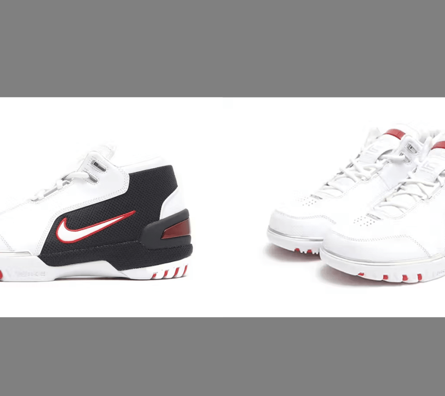 The Nike Air Zoom Generation 'First Game' colorway featuring white leather, red mesh, and the iconic metallic silver heel counter side by side.
