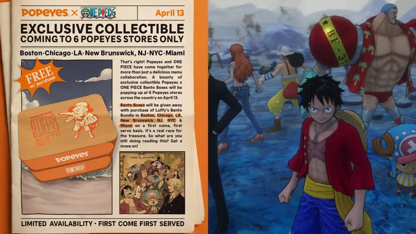 A vibrant promotional display for the Popeyes x One Piece collaboration featuring Luffy, Zoro, and Nami alongside a custom Bento Box, a piece of signature fried chicken, and a glowing purple Gum-Gum Fruit Lemonade