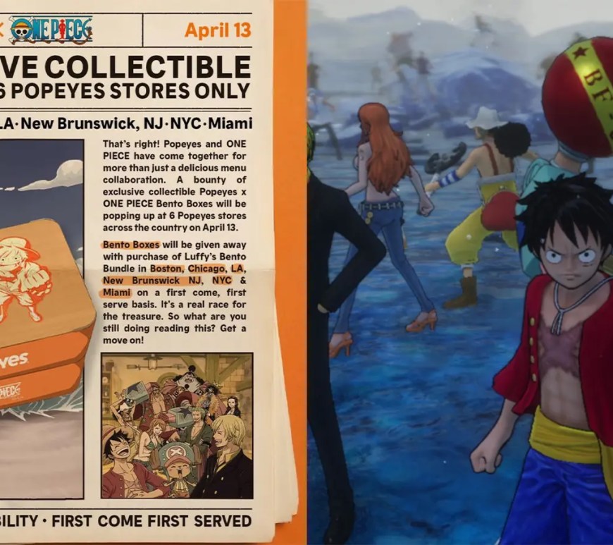 A vibrant promotional display for the Popeyes x One Piece collaboration featuring Luffy, Zoro, and Nami alongside a custom Bento Box, a piece of signature fried chicken, and a glowing purple Gum-Gum Fruit Lemonade