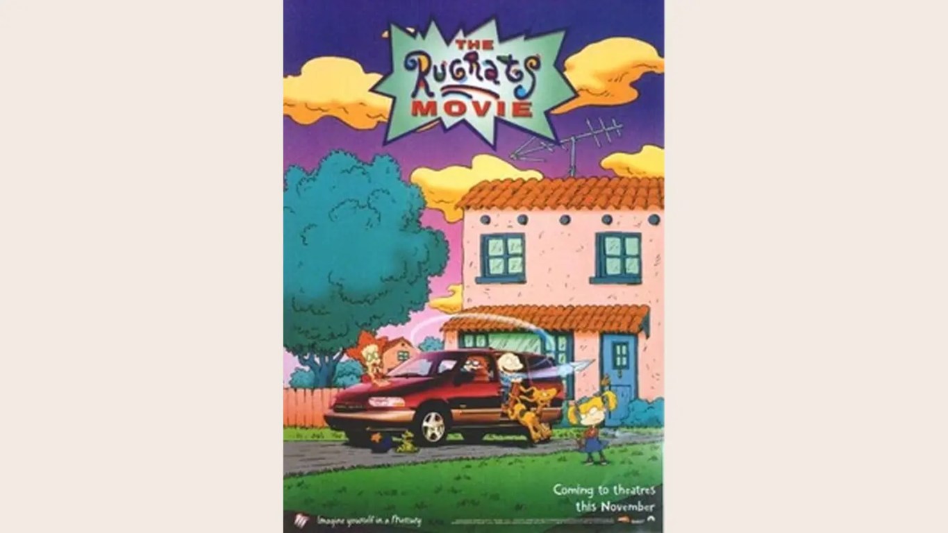 A 1998 Mercury Villager minivan with animated Rugrats characters Tommy, Chuckie, and Angelica Pickles superimposed on the scene.
