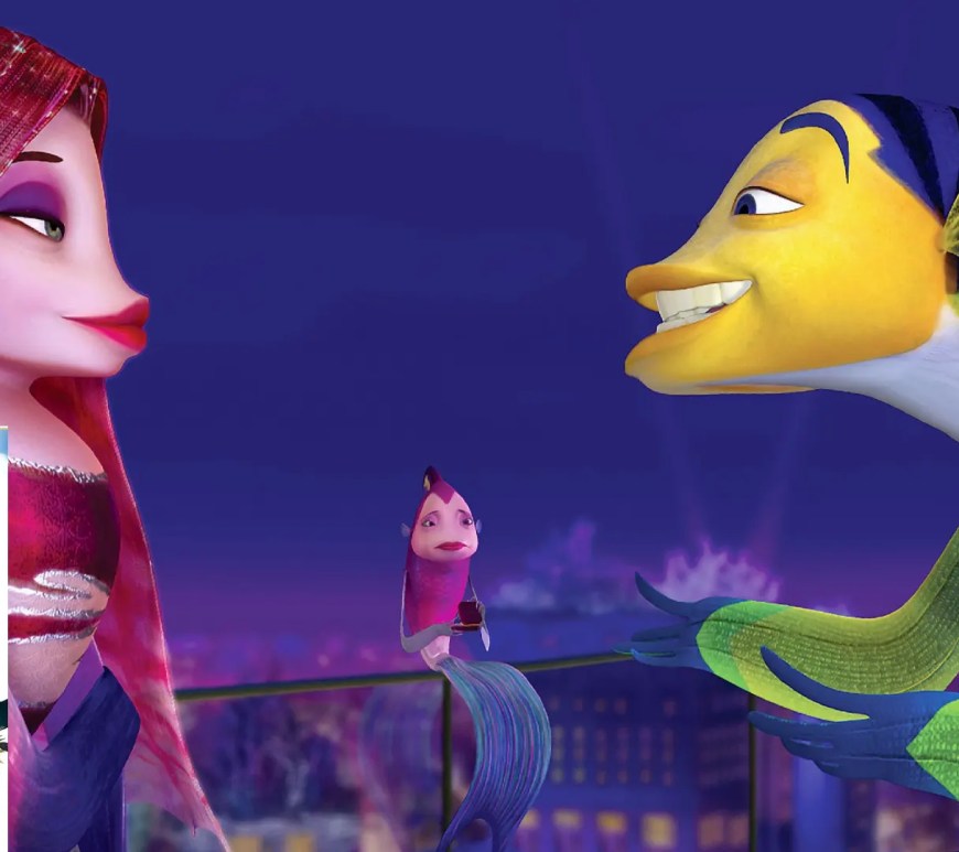 A movie still from Shark Tale starring Angelina Jolie and Will Smith.