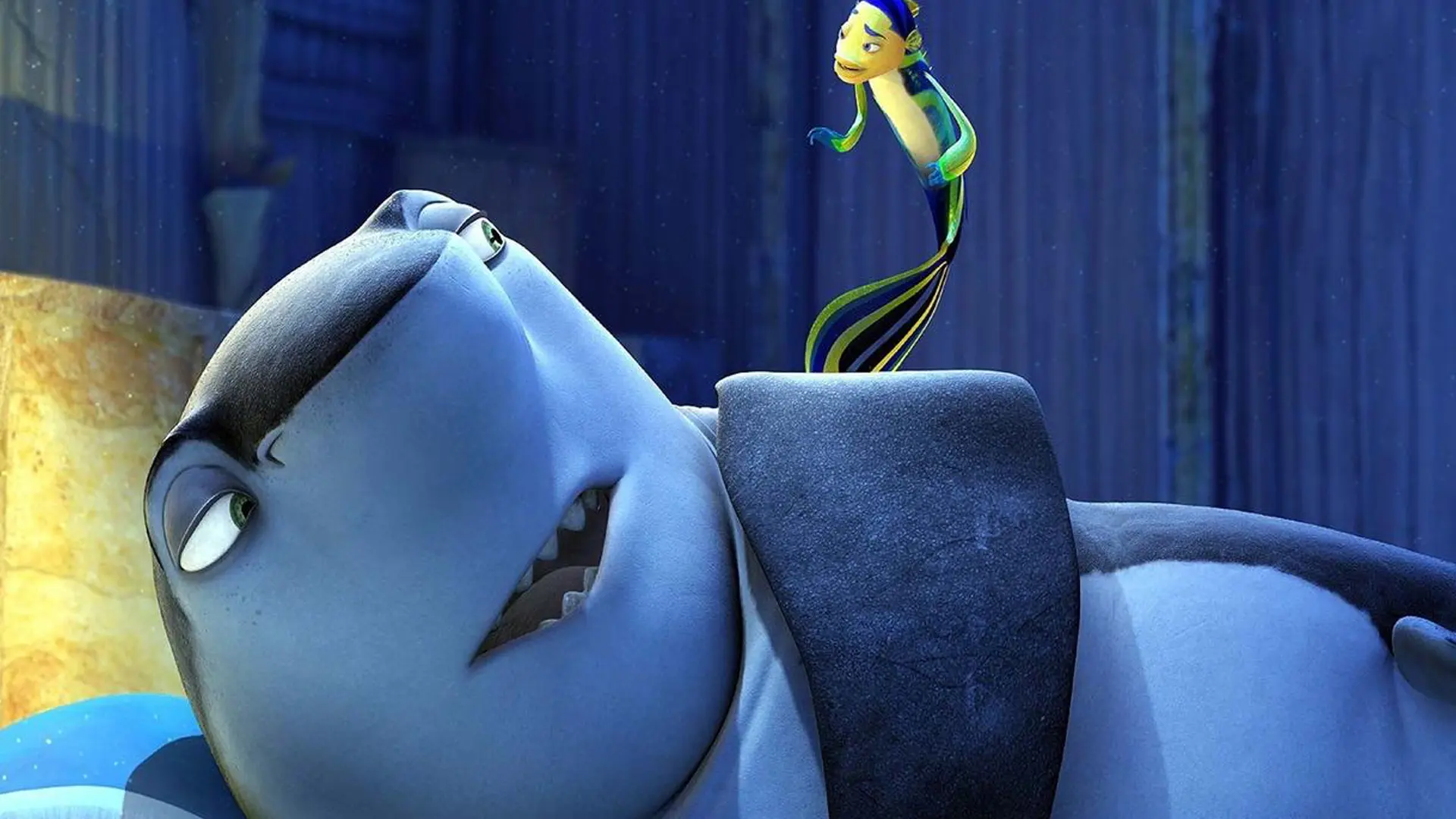 A movie still from Shark Tale starring Angelina Jolie and Will Smith.