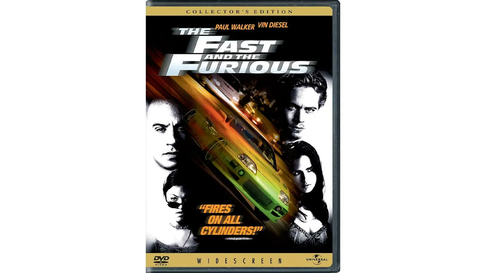 A high-resolution product shot of the 2001 The Fast and the Furious Collector's Edition DVD case. The cover art features a high-contrast metallic green and black design, showcasing Paul Walker and Vin Diesel positioned above a lime-green Mitsubishi Eclipse RS in mid-drift. The "Collector's Edition" banner is visible at the top, with the Universal Studios logo at the bottom and a detailed list of special features—including "Movie Magic Interactive Special Effects" and the "Racer X" article—on the reverse insert.