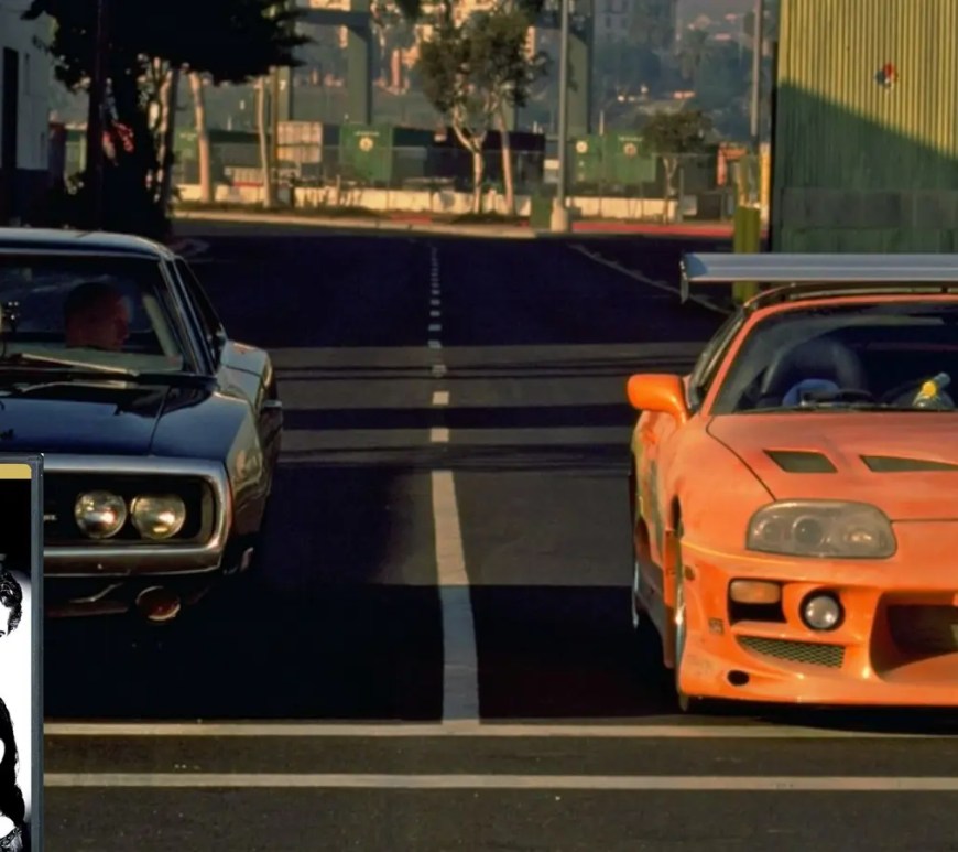 Paul Walker’s orange Toyota Supra and Vin Diesel’s black Dodge Charger lined up for the final drag race in the 2001 film The Fast and the Furious.
