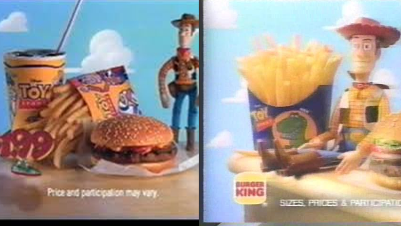 A 1995 Burger King advertisement for the Toy Story Kids Club toys, a cornerstone of the film’s $145M marketing push.