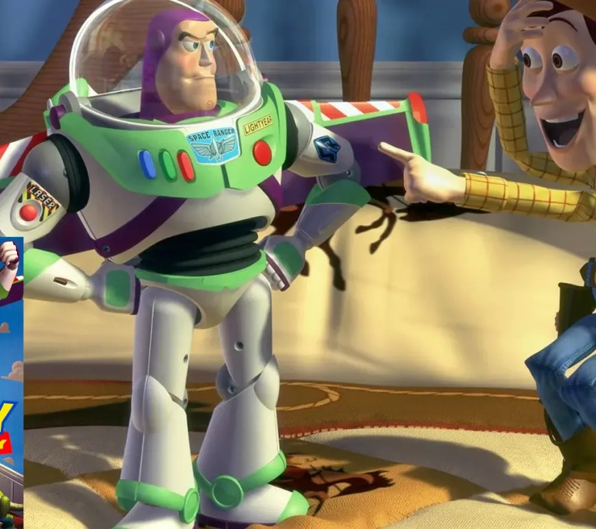Woody and Buzz Lightyear in the 1995 film; a technical showcase of early CGI plastic and fabric textures.