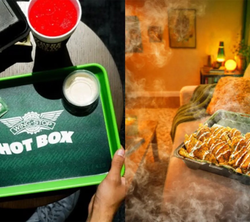 The 2026 Wingstop Hot Box featuring Fiery Nacho wings and fries drizzled in ranch and topped with herb seasoning in a branded box.