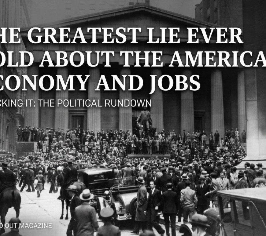 The Greatest Lie Ever Told About the American Economy and Jobs: Large crowd gathered outside Federal Hall in New York City during the 1929 Wall Street crash, with people filling the steps and street as mounted police manage the scene.