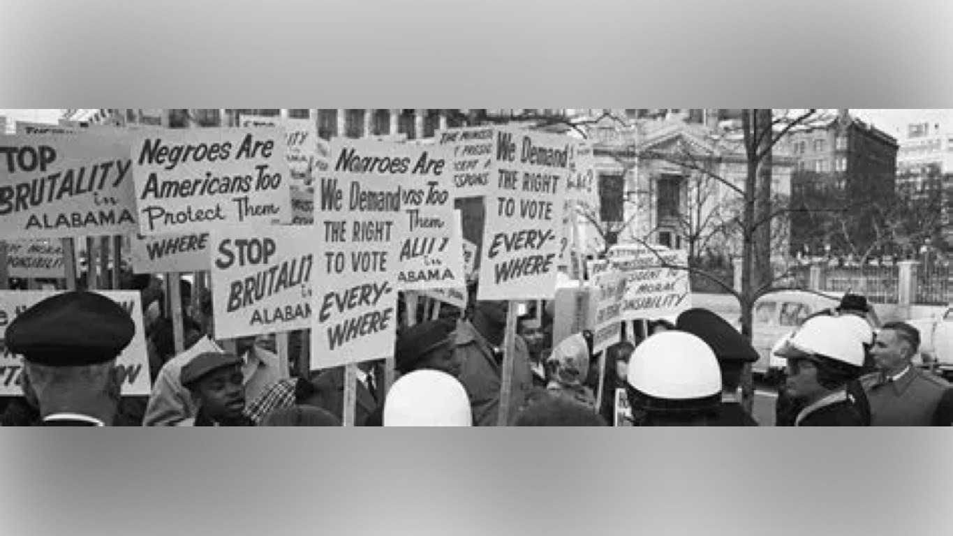 21st Century War on Equal Opportunity and Black America: Historic civil rights protest with demonstrators holding signs demanding voting rights and an end to brutality, standing in front of a courthouse.