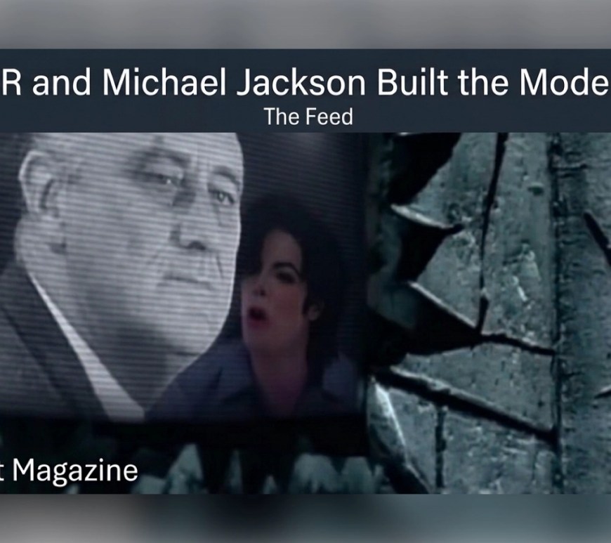 How FDR and Michael Jackson Built the Modern World: Digital collage featuring Franklin D. Roosevelt in grayscale beside an image of Michael Jackson, set against cracked glass textures,