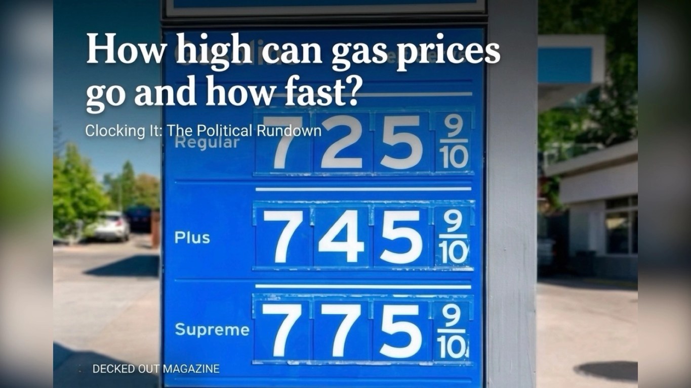 How High Can Gas Prices Go and How Fast? Gas station price sign showing regular gasoline at 725.9 cents, plus at 745.9, and premium at 775.9, displayed on a blue board with a clear sky and trees in the background.