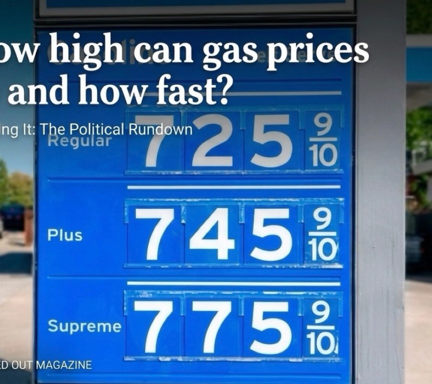 How High Can Gas Prices Go and How Fast? Gas station price sign showing regular gasoline at 725.9 cents, plus at 745.9, and premium at 775.9, displayed on a blue board with a clear sky and trees in the background.