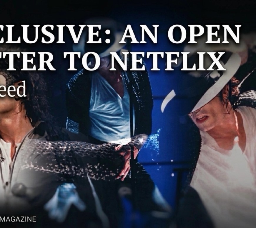 Collage-style graphic featuring three Michael Jackson performers in iconic stage outfits against a dark blue concert backdrop, with overlaid text reading ‘Exclusive: An Open Letter to Netflix’ and the Decked Out Magazine branding.