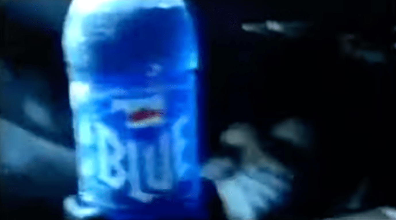 A still of the Pepsi Blue soda from a 2002 commercial featuring Papa Roach.
