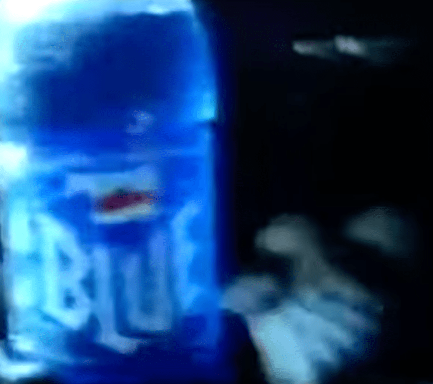 A still of the Pepsi Blue soda from a 2002 commercial featuring Papa Roach.